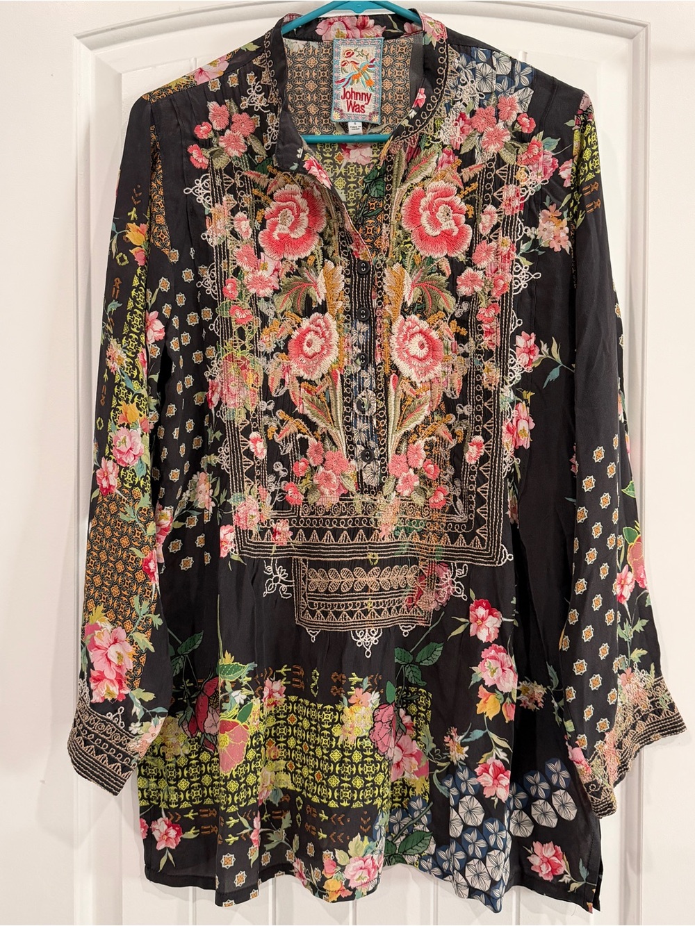 Johnny Was Rose Nephele Silk Embroidered Front Tunic size Small